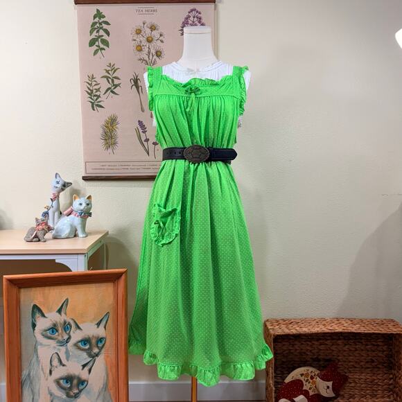 Vintage Green Polka Dot Heart Pocket Sleep Dress Cottagecore Prairie Cutecore 1X - Picture 1 of 9
